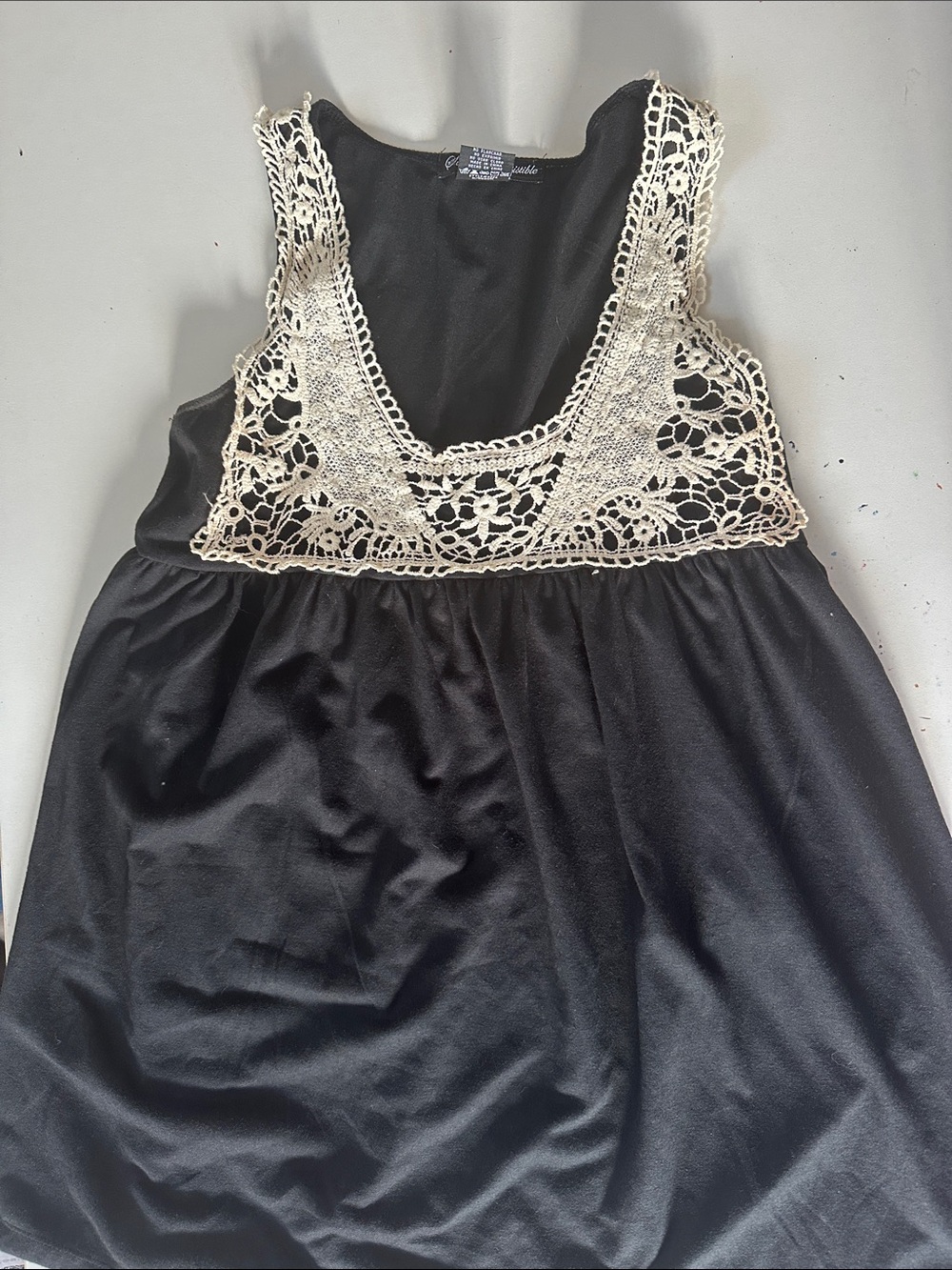 Cream Crochet-Trim Black Tank Top